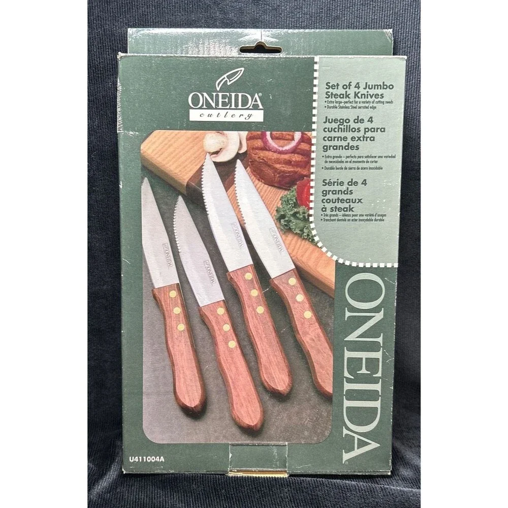 4  NIB Oneida Jumbo Steak Knives Wood Handles Stainless Serrated Blades
